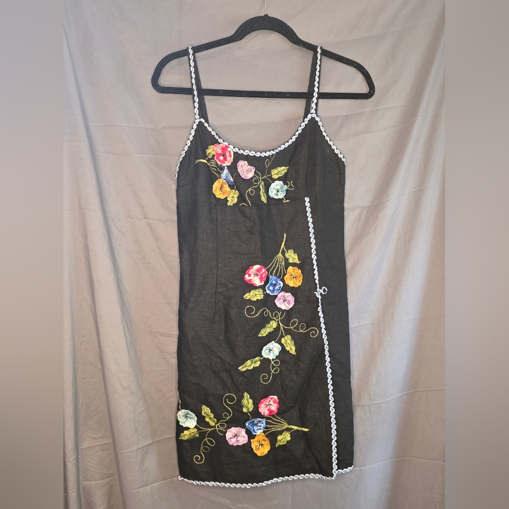 Anna Sui Black Dress with Colorful Floral Embroidery